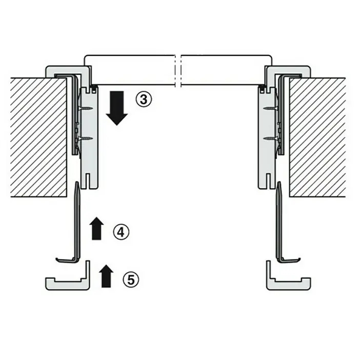 Häfele Zargenbefestiger Startec Frame Fix - Geeignet für: Holzzargen, Passend für: Wandstärke 125 – 165 mm, 6 Stk. - Montageanleitung für eine Schrankaufhängeschiene mit den Schritten 3, 4 und 5. Die Schiene wird an der Wand befestigt und hält den Schrank.