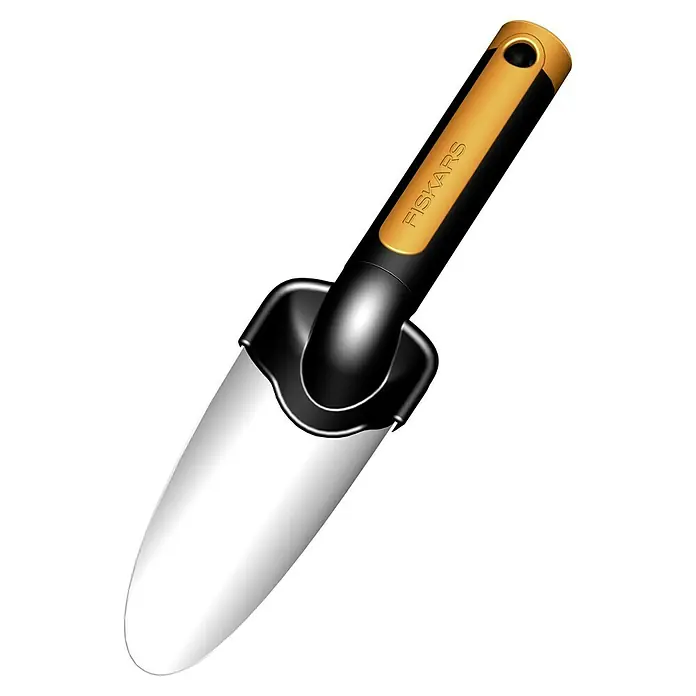 Fiskars Premium Pflanzkelle - Länge: 27,8 cm - Nahaufnahme einer Fiskars Handschaufel mit gelbem Griff und schwarzem Kunststoffgehäuse für Gartenarbeiten mit spiegelnder Oberfläche.