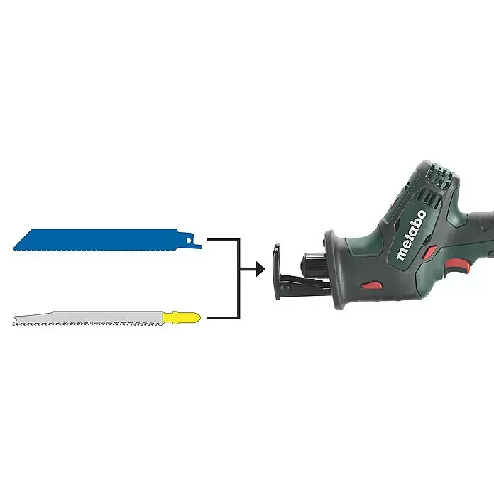 Metabo CAS 18V Sierra de sable de batería SSE 18 LTX Compact - 18 V, Sin batería, Número de carreras marcha en vacío: 3.100 /min - Dos hojas de sierra (azul y gris/amarilla) con una sierra sable Metabo verde y negra, indicando la intercambiabilidad de la hoja.