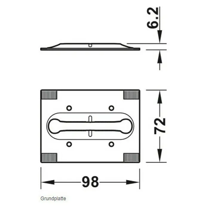 Häfele Zargenbefestiger Startec Frame Fix - Geeignet für: Holzzargen, Passend für: Wandstärke 125 – 165 mm, 6 Stk. - Abbildung der Grundplatte mit den Maßen 98 x 72 mm und einer Höhe von 6,2 mm.