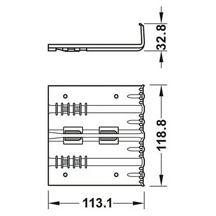 Häfele Zargenbefestiger Startec Frame Fix - Geeignet für: Holzzargen, Passend für: Wandstärke 125 – 165 mm, 6 Stk. - Produktabbildung eines Schubladenauszugs mit Bemaßungen. Detailreiche Darstellung für Planungszwecke.
