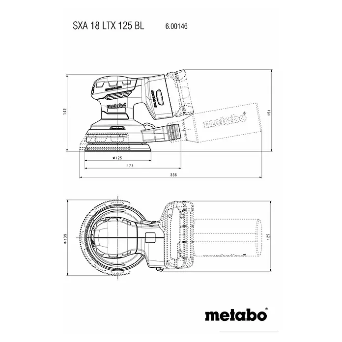 Metabo CAS 18V Akku-Exzenterschleifer SXA 18 LTX 125 BL - 18 V, Ohne Akku, Durchmesser Schleifteller: 125 mm - Detaillierte Zeichnung des Metabo SXA 18 LTX 125 BL Akku-Exzenterschleifers mit Maßangaben zu Abmessungen und Durchmessern.