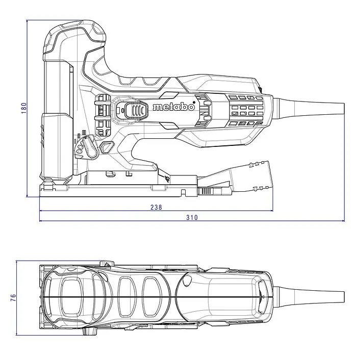 Metabo Elektro-Pendelhubstichsäge STE 100 Quick - 1.000 /min - 3.100 /min, Max. Schnitttiefe in Holz: 100 mm, Anzahl Pendelhubstufen: 4 Stk. - Produktabbildung einer Metabo Stichsäge mit Maßangaben für Höhe, Länge und Breite. Ideal für detaillierte technische Zeichnungen und Produktinformationen.