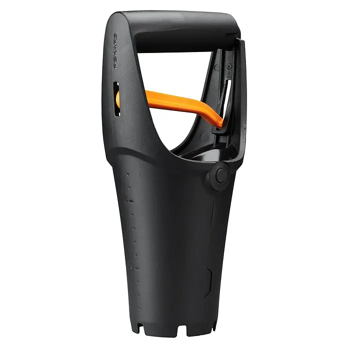 Fiskars Solid Hand-Blumenzwiebelpflanzer - 11,7 x 24,3 cm - Nahaufnahme eines Fiskars-Pflanzers in Schwarz mit orangefarbenem Akzent, der ein einfaches und präzises Pflanzen ermöglicht.
