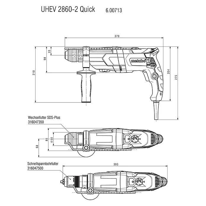 Metabo Holzbohrer - Durchmesser Bohrer: 3 mm - Abbildung eines Bohrhammers UHEV 2860-2 Quick mit Maßangaben zu seiner Größe und Abmessungen, sowie Details zu den Bohrköpfen.