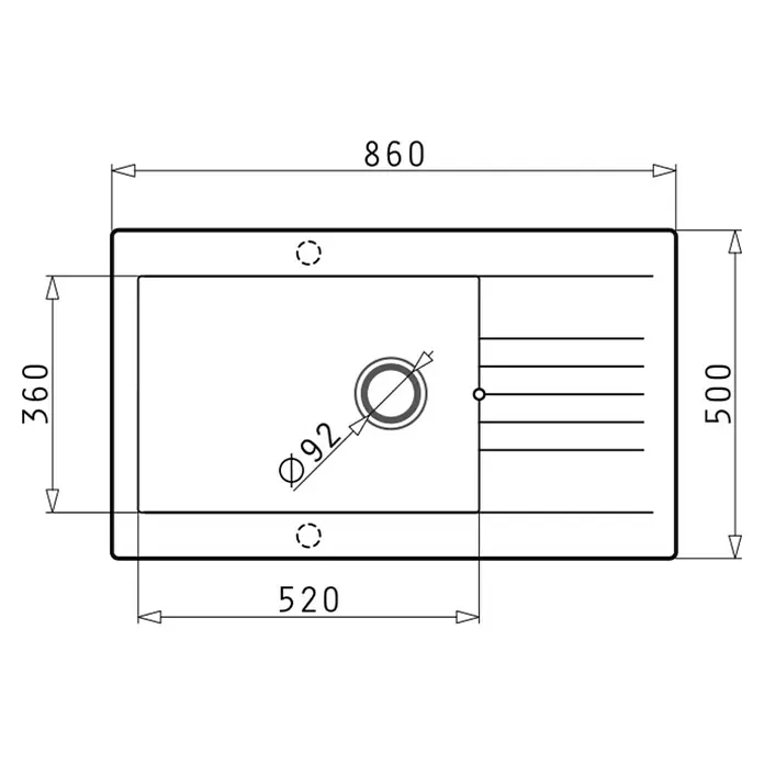 Pyramis Einbauspüle Siroko - B x L: 86 x 50 cm, Innenbreite Becken 1: 52 cm, Grau - Technische Zeichnung eines rechteckigen Waschbeckens mit Abmessungen, einschließlich Länge, Breite und Durchmesser des Ablauflochs.