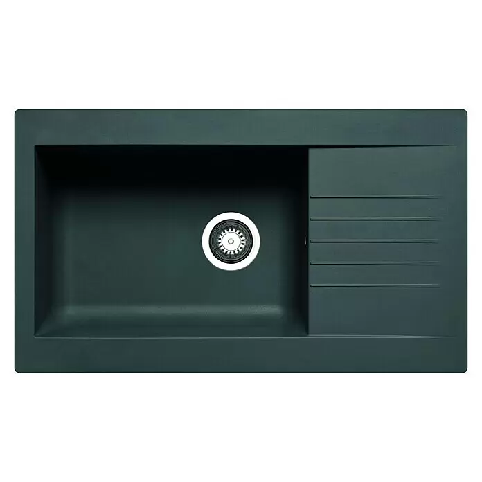 Pyramis Fregadero encastrable Siroko - An x L: 86 x 50 cm, Anchura interior de la cubeta 1: 52 cm, Negro - Fregadero de cocina de composite gris oscuro con un solo seno y escurreplatos acanalado.