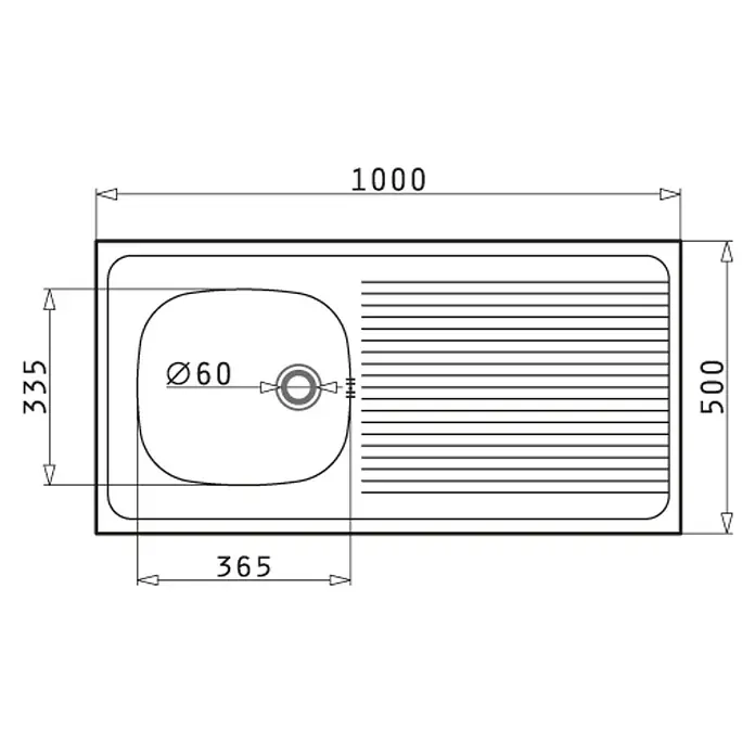Pyramis Einbauspüle International - 100 x 50 cm, Edelstahl - Eine schematische Darstellung einer Spüle mit Abmessungen und Details, ideal für Installationsanleitungen.