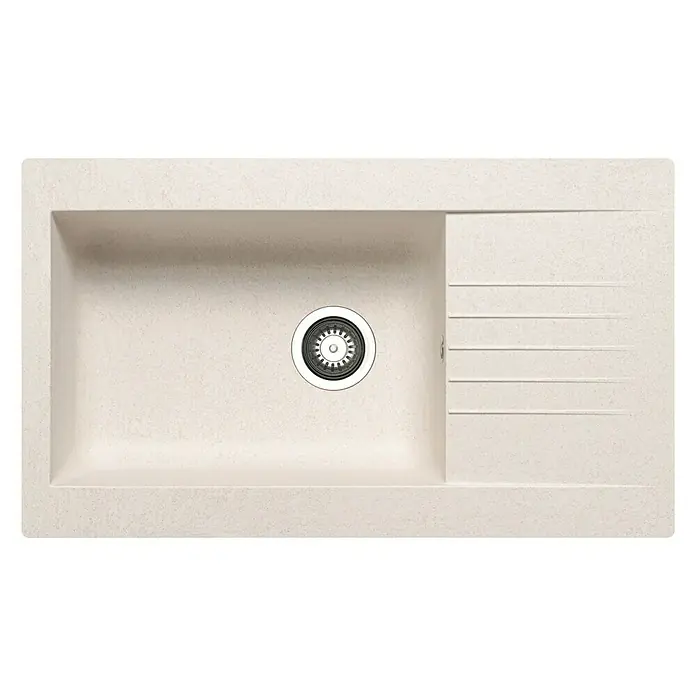 Pyramis Einbauspüle Siroko - B x L: 86 x 50 cm, Innenbreite Becken 1: 52 cm, Beige - Nahaufnahme einer beigen Küchenspüle mit Abtropffläche und einem runden Abfluss.