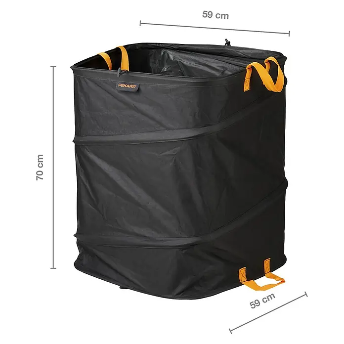 Fiskars Ergo Pop-Up Gartenabfallsack - 219 l - Schwarzer, flexibler Gartenabfallsack von Fiskars mit gelben Tragegriffen und den Maßen 70 cm Höhe und 59 cm Durchmesser.