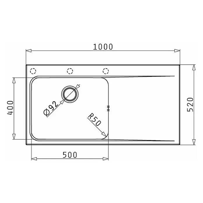 Pyramis Einbauspüle Pyrros - 52 x 100 cm - Technische Zeichnung eines rechteckigen Waschbeckens oder einer Duschwanne mit integriertem Becken, Abfluss und Maßen 1000x520 mm.