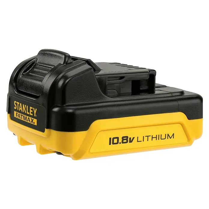 Stanley FatMax Akku-Bohrschrauber FMC011S2-QW - 10,8 V, 2 Akkus, 1,5 Ah, 26 Nm - Stanley Fatmax 10.8V Lithium-Akku. Der Akku ist gelb und schwarz und hat eine Nennspannung von 10.8V. Er ist für Stanley Elektrowerkzeuge geeignet.