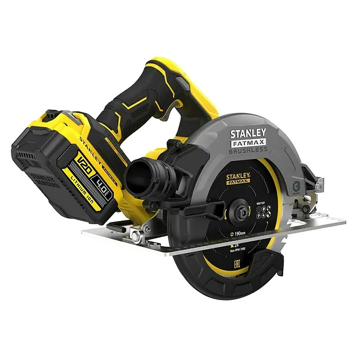 Stanley FatMax Akku-Handkreissäge SFMCS550M2K-QW - 18 V, 2 Akkus, 4 Ah, 5.000 U/min - Akku-Kreissäge Stanley Fatmax Brushless mit 20V 4.0Ah Akku, ideal für präzise Holzschnitte. Leistungsstark und kabellos für maximale Flexibilität.