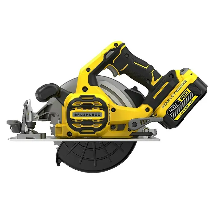 Stanley FatMax Akku-Handkreissäge SFMCS550M2K-QW18 V, 2 Akkus, 4 Ah, 5.000 U/min - Akku-Handkreissäge von Stanley Fatmax V20 mit bürstenlosem Motor, ideal für präzise Schnitte.