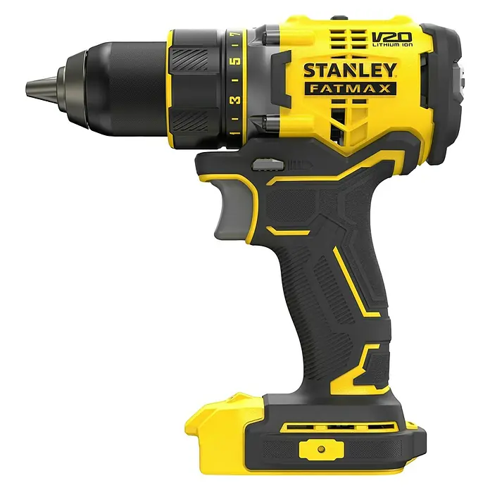 Stanley FatMax Akku-Bohrschrauber SFMCD720B-XJ - 18 V, Ohne Akku, 80 Nm - Abbildung eines gelb-schwarzen Stanley Fatmax V20 Akku-Bohrschraubers mit Lithium-Ionen-Technologie, ideal für Heimwerkerarbeiten.