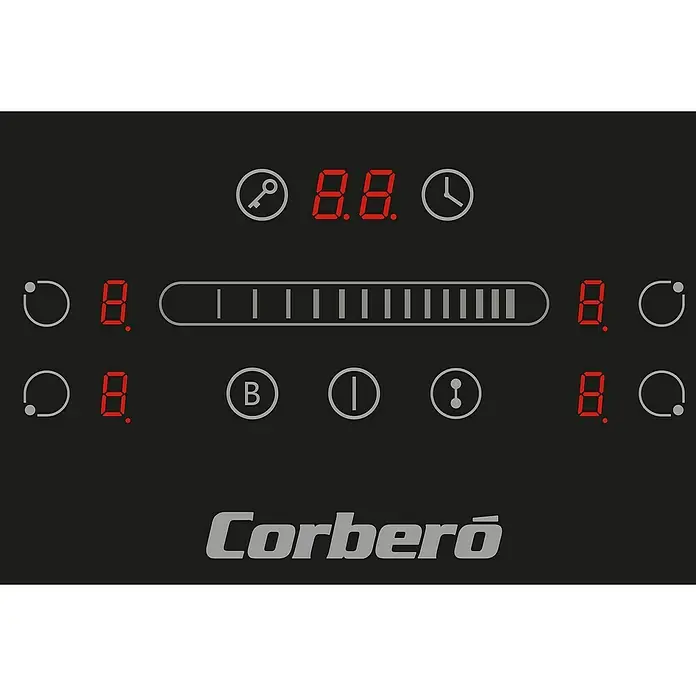 Corberó Placa de cocción CCIM3000FZ + Plancha - Número de fogones de inducción: 3 ud. - Primer plano de una placa de cocina Corberó con pantalla digital, controles y logotipo de la marca. Ideal para cocina y comedor.