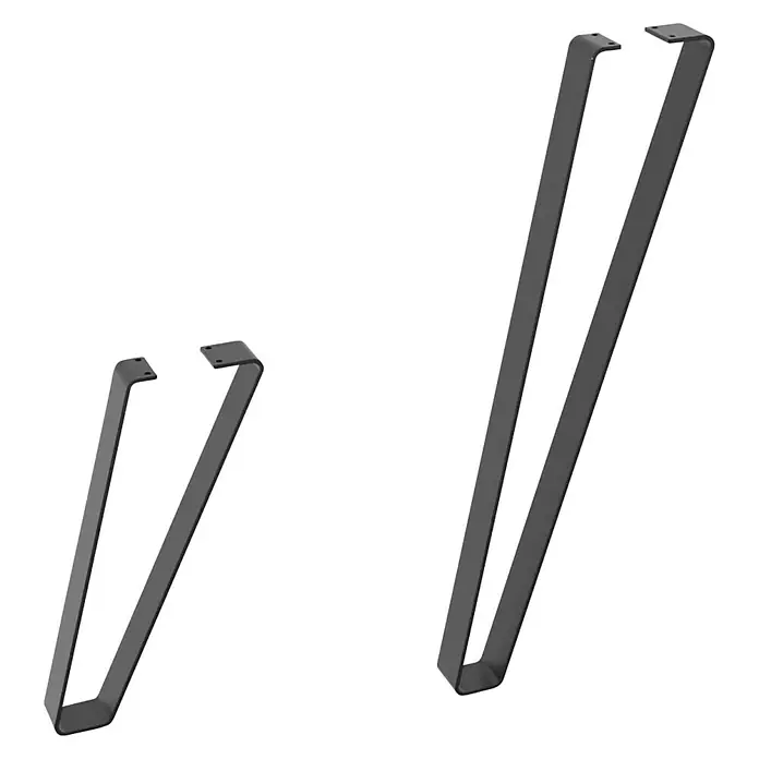 Möbelfuß - L x B x H: 5 x 27 x 71 cm, Traglast: 75 kg, Stahl - Das Bild zeigt zwei Tischbeine aus Metall in U-Form, eines kürzer und eines länger, vor einem schwarzen Hintergrund.