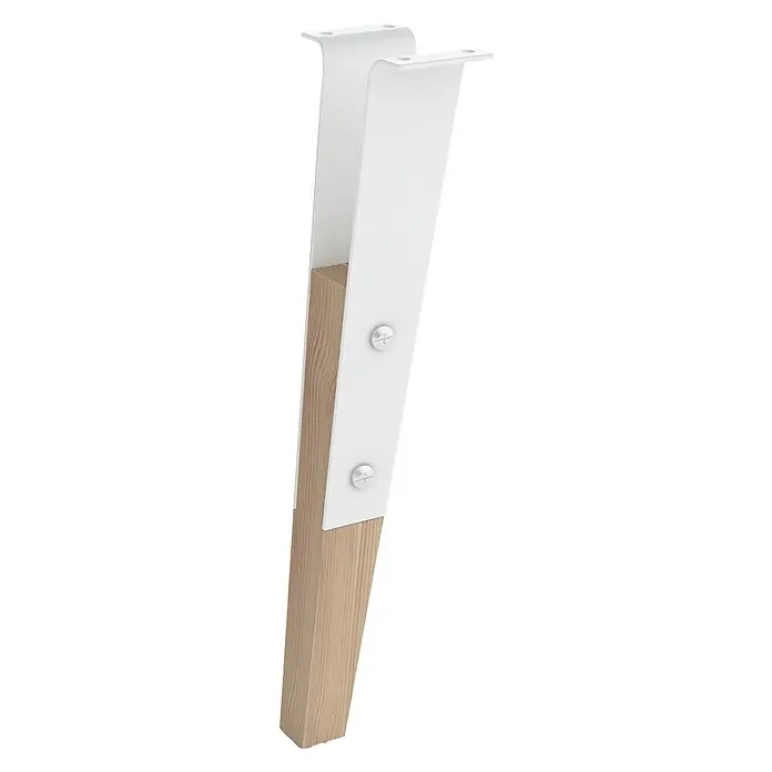 Möbelfuß - L x B x H: 11 x 11 x 40 cm, Traglast: 50 kg, Stahl, Weiß - Nahaufnahme eines Möbelfußes mit Holzstruktur und weißen Metallstützen, befestigt mit zwei Schrauben, vor schwarzem Hintergrund.