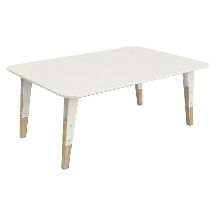 Möbelfuß - L x B x H: 11 x 11 x 40 cm, Traglast: 50 kg, Stahl, Weiß - Ein rechteckiger, weißer Tisch mit abgerundeten Ecken und hellen Holzbeinen, ideal für Kinderzimmer oder kreative Arbeitsbereiche.