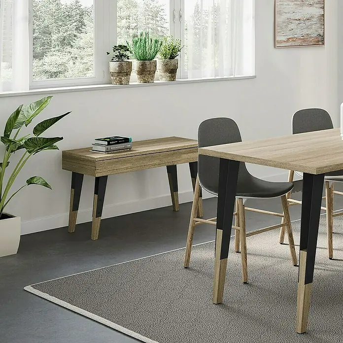Möbelfuß - L x B x H: 11 x 11 x 40 cm, Traglast: 50 kg, Stahl, Schwarz - Das Bild zeigt eine moderne Holzbank mit schwarzen Akzenten, die sich gut in ein stilvolles Esszimmer einfügt.