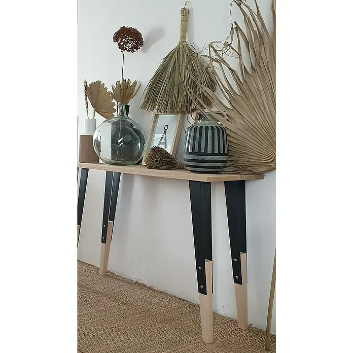 Möbelfuß - L x B x H: 12 x 16 x 71 cm, Traglast: 40 kg, Stahl, Schwarz - Konsole mit Holzplatte und schwarzen Beinen, dekoriert mit Trockenblumen und Vasen, für ein stilvolles Wohnambiente.