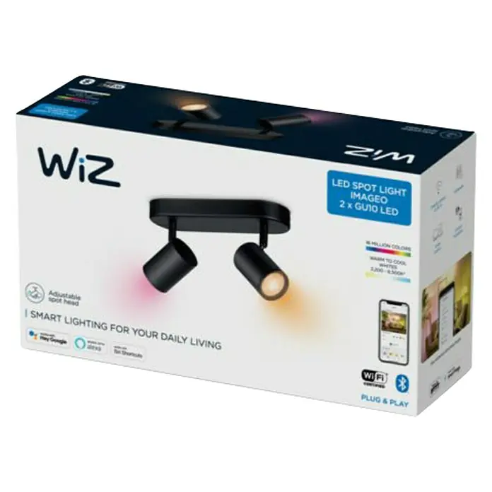 Philips Wiz Regleta LED inteligente x2 - 10 W, L x An x Al: 12,3 x 25 x 10,5 cm, Negro, Negro, RGBW - Embalaje de un foco LED doble WiZ Imageo con cabezales ajustables para iluminación inteligente en la vida diaria.