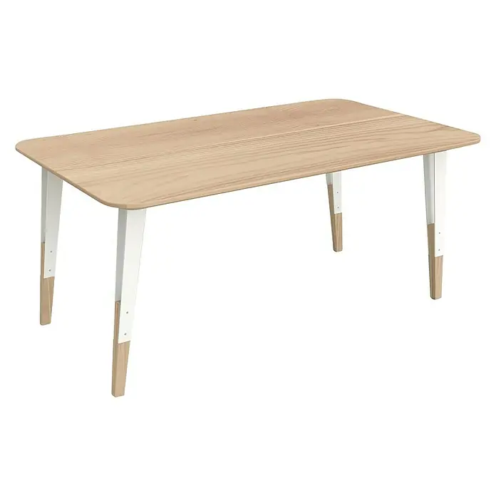 Möbelfuß - L x B x H: 12 x 16 x 71 cm, Traglast: 40 kg, Stahl, Weiß - Bild eines Esstisches mit einer hellen Holzplatte und weißen Beinen mit Holzdetails. Der Tisch hat ein schlichtes, modernes Design.