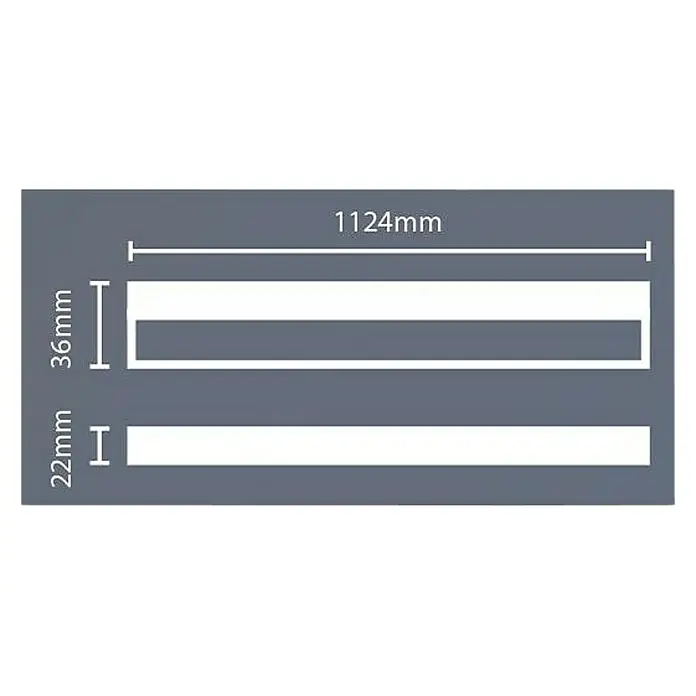 Philips Lámpara LED bajo mueble Linear - 18 W, Largo: 112,4 cm, Blanco frío - Ilustración de dos barras blancas que miden 1124 mm de largo y 36 mm o 22 mm de altura, sobre un fondo gris.