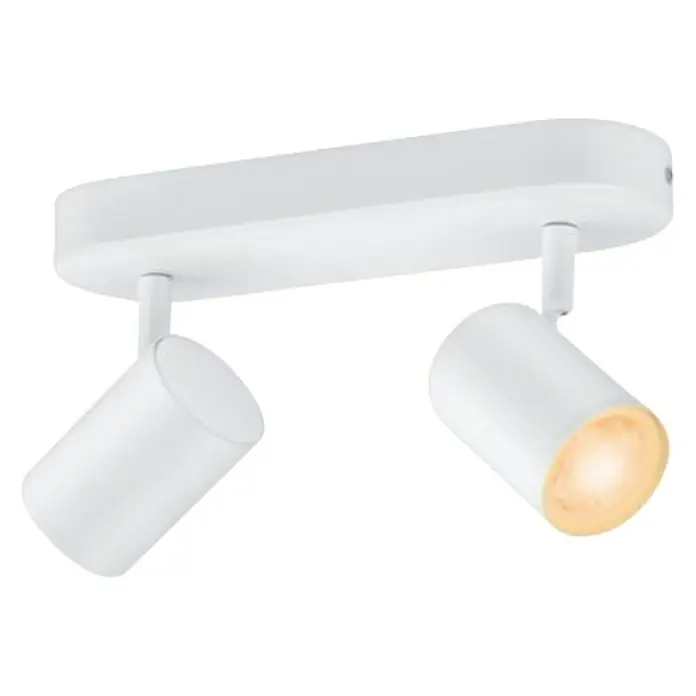 Philips Wiz LED-Deckenstrahler rund Imageo - 10 W, RGBW, Anzahl Leuchtmittel: 2 Stk., L x B x H: 12,3 x 25 x 10,5 cm, Weiß - Weiße Deckenleuchte mit zwei Strahlern, einer davon leuchtet, vor schwarzem Hintergrund.