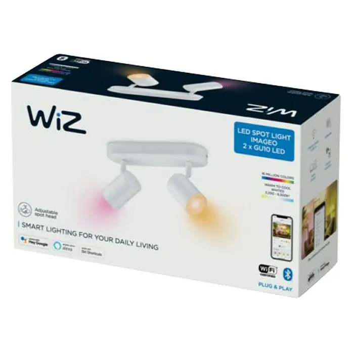 Philips Wiz Regleta LED redonda inteligente x2 - 10 W, RGBW, Número de bombillas: 2 ud., L x An x Al: 12,3 x 25 x 10,5 cm, Blanco - Embalaje del foco LED WiZ Imageo con 2 LEDs GU10, cabezal ajustable e iluminación inteligente para tu día a día.