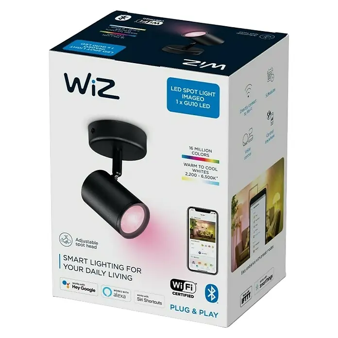 Philips Wiz Regleta LED inteligente - 5 W, L x An x Al: 12,3 x 8 x 10,5 cm, Negro, Negro, RGBW, 1 ud. - Embalaje del producto para un foco LED WiZ con cabezal ajustable, 16 millones de colores y control inteligente.