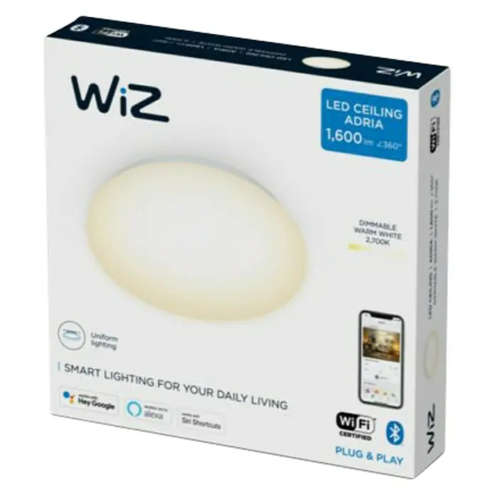 Philips Wiz Plafón LED redondo Adria - 17 W, Ø x Al: 32 x 6,8 cm, Blanco cálido - Embalaje de la lámpara de techo LED inteligente WiZ Adria con 1600 lúmenes y función de atenuación para iluminación inteligente.