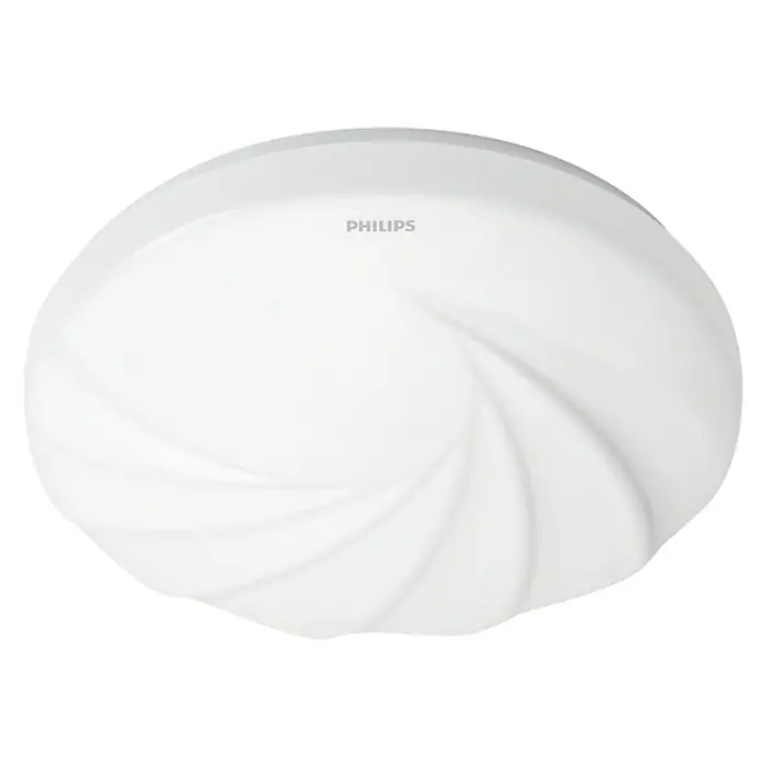 Philips Plafón LED redondo Shore - 17 W, Ø x Al: 32 x 7,2 cm, Blanco, Blanco, Blanco frío - Primer plano de una lámpara de techo Philips blanca y redonda con un decorativo diseño en espiral. Solución de iluminación para interiores modernos.