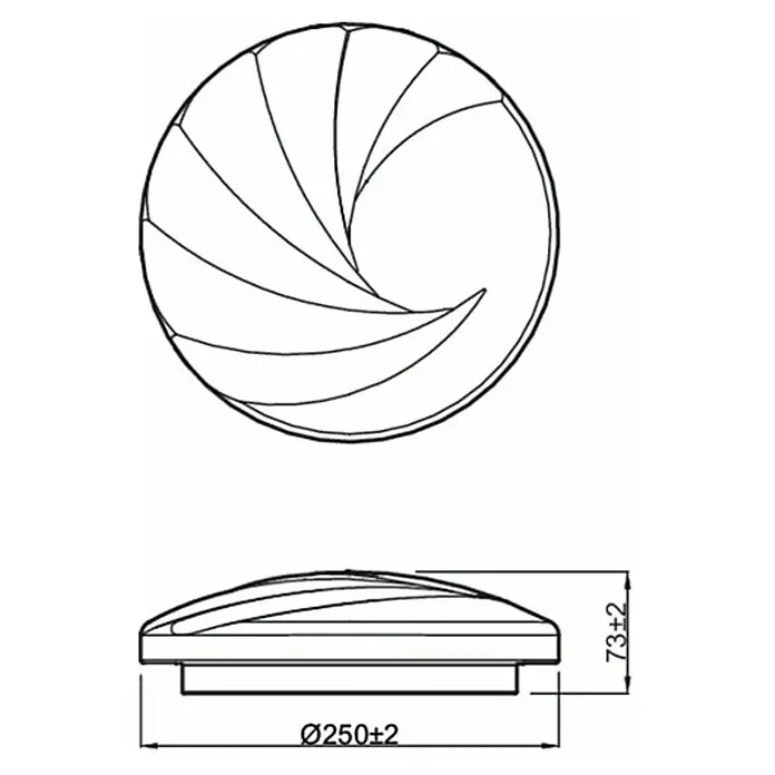 Philips Plafón LED redondo Shore - 17 W, Ø x Al: 32 x 7,2 cm, Blanco, Blanco, Blanco frío - Boceto de una turbina eólica con dimensiones Ø250±2 y 73±2, destacando el diseño y las medidas del producto.