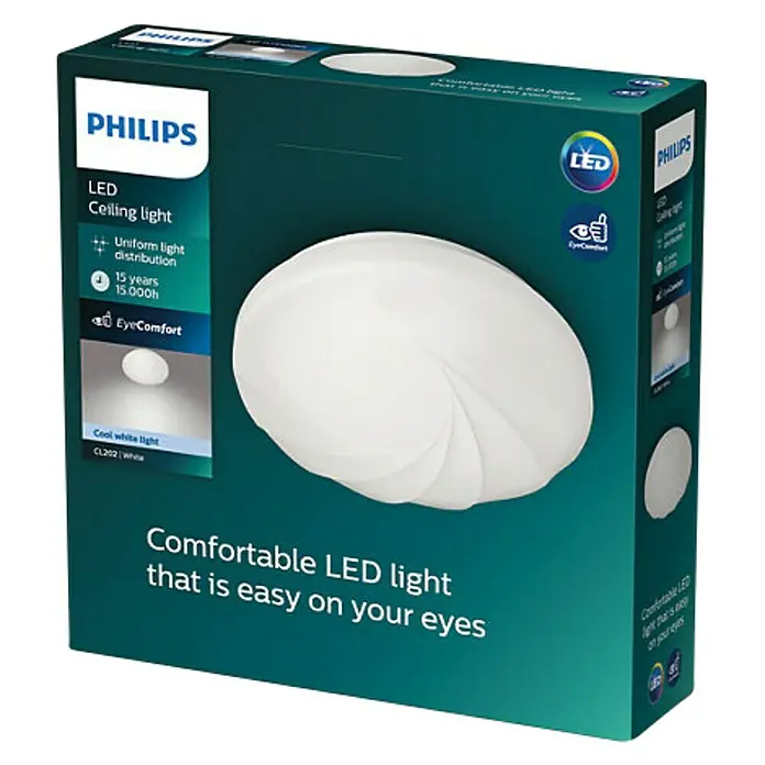 Philips Plafón LED redondo Shore - 17 W, Ø x Al: 32 x 7,2 cm, Blanco, Blanco, Blanco frío - Embalaje de una lámpara de techo LED Philips que promete una luz cómoda y agradable para los ojos.