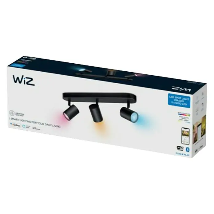 Philips Wiz Regleta LED inteligente x3 - 15 W, L x An x Al: 12,3 x 44 x 10,5 cm, Negro, Negro, RGBW, 3 ud. - Una caja que contiene un foco de techo LED Wiz Imadeo con tres focos en negro, que ofrece iluminación inteligente para tu vida diaria.