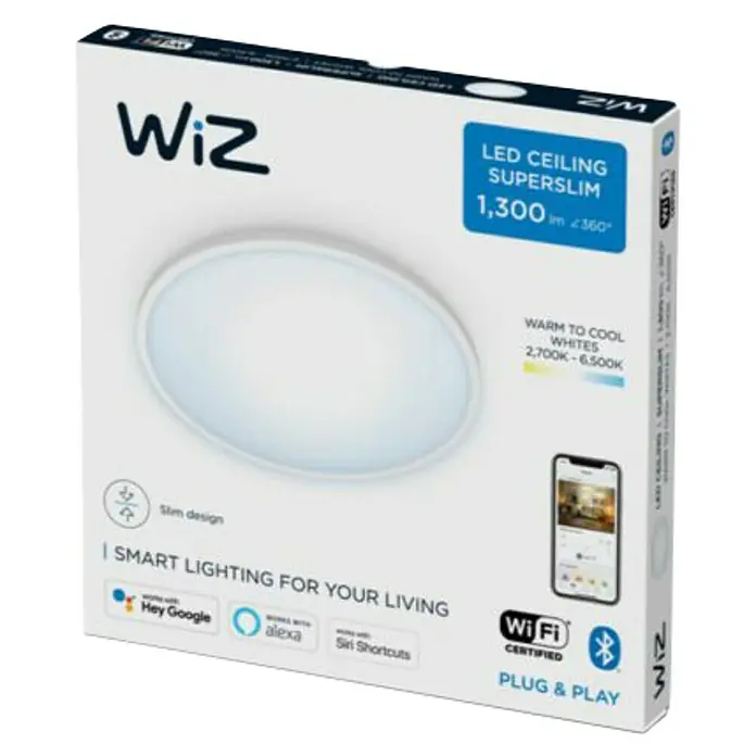 Philips Wiz LED-Deckenleuchte rund Tunable White SuperSlim - 16 W, Ø x H: 29,2 x 2,3 cm, Farbe Gehäuse: Weiß, Kaltweiß - Produktverpackung für die intelligente LED-Deckenleuchte WiZ Superslim mit 1.300 Lumen und einstellbaren Weißtönen für Ihr Zuhause.