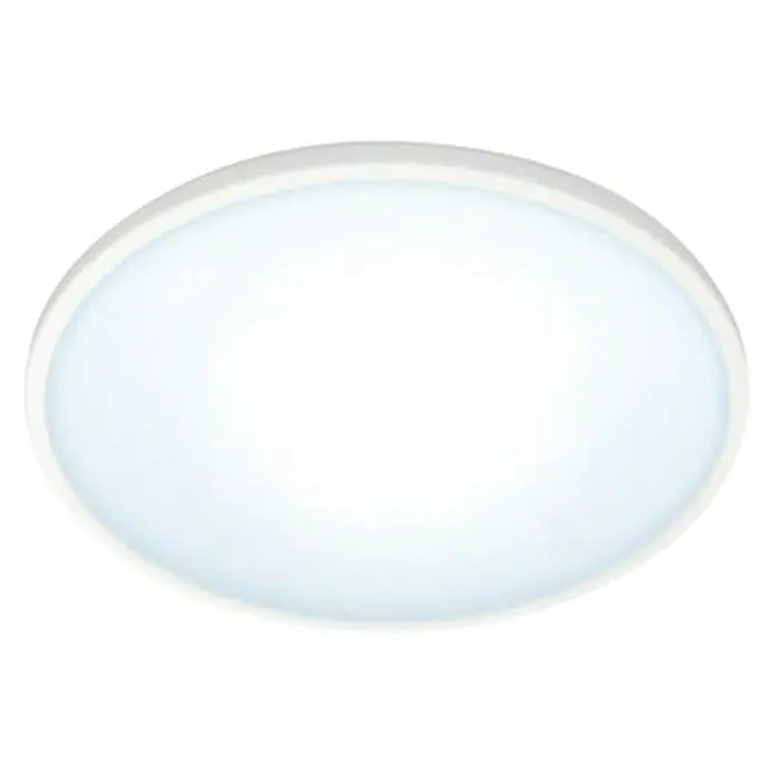 Philips Wiz LED-Deckenleuchte rund Tunable White SuperSlim - 16 W, Ø x H: 29,2 x 2,3 cm, Farbe Gehäuse: Weiß, Kaltweiß - Nahaufnahme einer runden LED-Deckenleuchte mit weißem Rahmen und blendfreiem Licht. Ideal für moderne Innenräume.