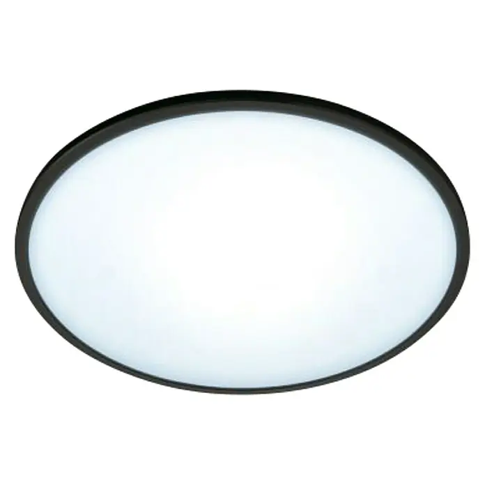Philips Wiz LED-Deckenleuchte rund Tunable White SuperSlim - 16 W, Ø x H: 29,2 x 2,3 cm, Farbe Gehäuse: Schwarz, Kaltweiß - Nahaufnahme einer runden Deckenleuchte mit schwarzem Rahmen und weißem Diffusor für eine gleichmäßige Beleuchtung.