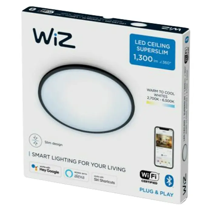 Philips Wiz LED-Deckenleuchte rund Tunable White SuperSlim - 16 W, Ø x H: 29,2 x 2,3 cm, Farbe Gehäuse: Schwarz, Kaltweiß - Eine Wiz LED Deckenleuchte Superslim in der Verpackung. Die Lampe ist dimmbar und hat einen schlanken Aufbau für modernes Licht.