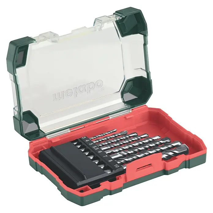 Metabo Beton- & Steinbohrer - 8 -tlg., Durchmesser Bohrer: 10 mm - Ein Set mit Metabo Steinbohrern in einer rot-grünen Kunststoffbox mit transparentem Deckel.
