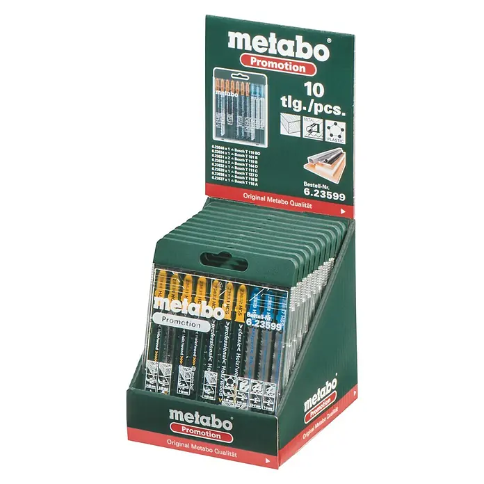 Metabo Stichsägeblatt-Set - Holz/Metall/Kunststoff, 10 -tlg., T-Schaft - Aufnahme eines Metabo Stichsägeblatt-Sets mit 10 Teilen, geeignet für Metall und Kunststoff, in einer Verkaufsverpackung.