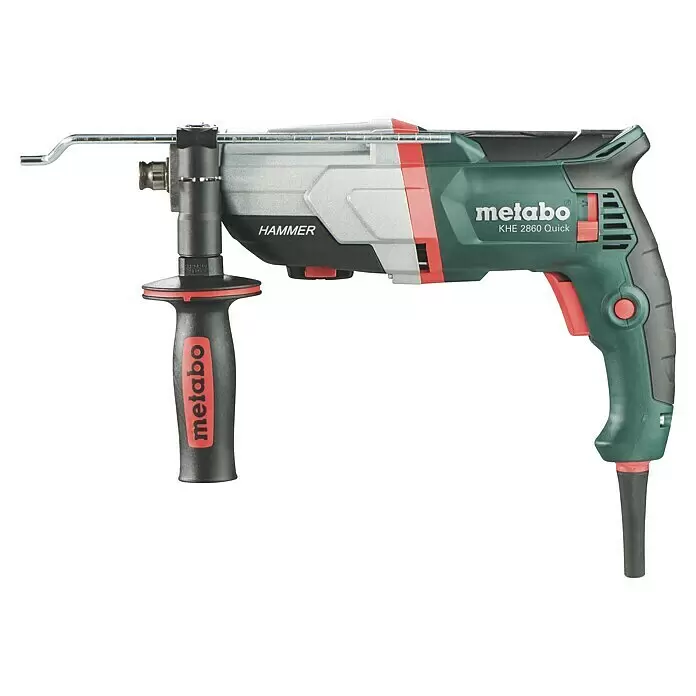 Metabo Martillo combinado 2860 Quick Set - 880 W, 3,2 J, Alojamiento SDS-Plus - Taladro percutor Metabo KHE 2860 Quick en verde, plata y negro con detalles rojos, empuñadura auxiliar y varilla de profundidad.