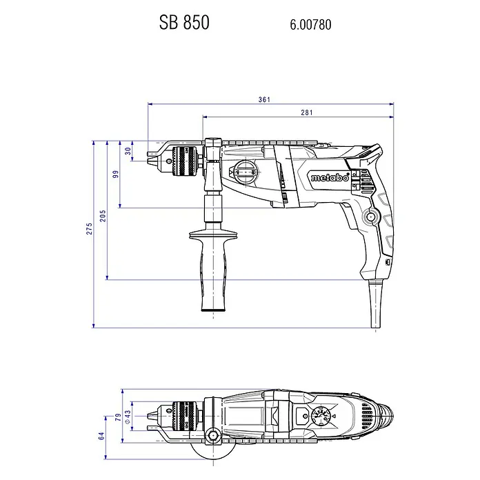 Metabo Kombihammer KHE 2860 Quick Set - 880 W, 3,2 J, SDS-Plus-Aufnahme - Technische Zeichnung des Metabo SB 850 Bohrhammers mit detaillierten Abmessungen für präzise Anwendungen und Konstruktionen.