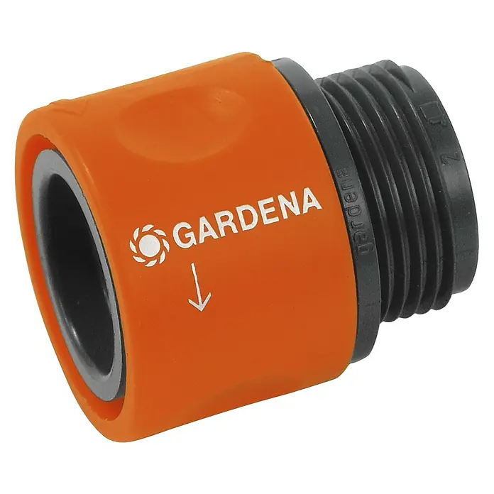 Gardena SB-System Übergangs-Schlauchstück - 26,5 mm (G 3/4“) - Nahaufnahme einer orangefarbenen Gardena-Schlauchkupplung mit schwarzem Gewinde und Richtungspfeil für den Anschluss an einen Gartenschlauch.