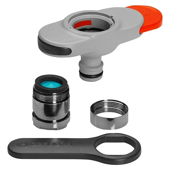 Gardena Hahnverbinder - M 22 x 1 - Gardena Wasserhahnadapter-Set, bestehend aus Adapter, Gewindering, Perlstrahler und Montageschlüssel für eine einfache Installation.