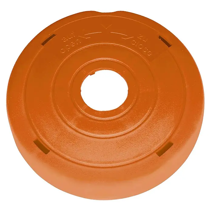Gardena Spulendeckel - Passend für: Gardena Turbotrimmer 230 A, 230 AL und 350, Gardena Trimmersense 350 und 350 L - Orangefarbener Spulendeckel mit Öffnungs- und Schließhinweisen.