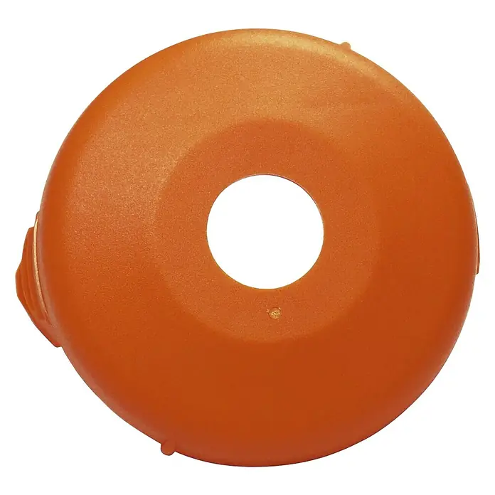 Gardena Spulendeckel - Passend für: Gardena Turbotrimmer ClassicCut, Gardena PowerCut - Orangefarbene Kunststoffabdeckung mit einem Loch in der Mitte und seitlichen Befestigungselementen.