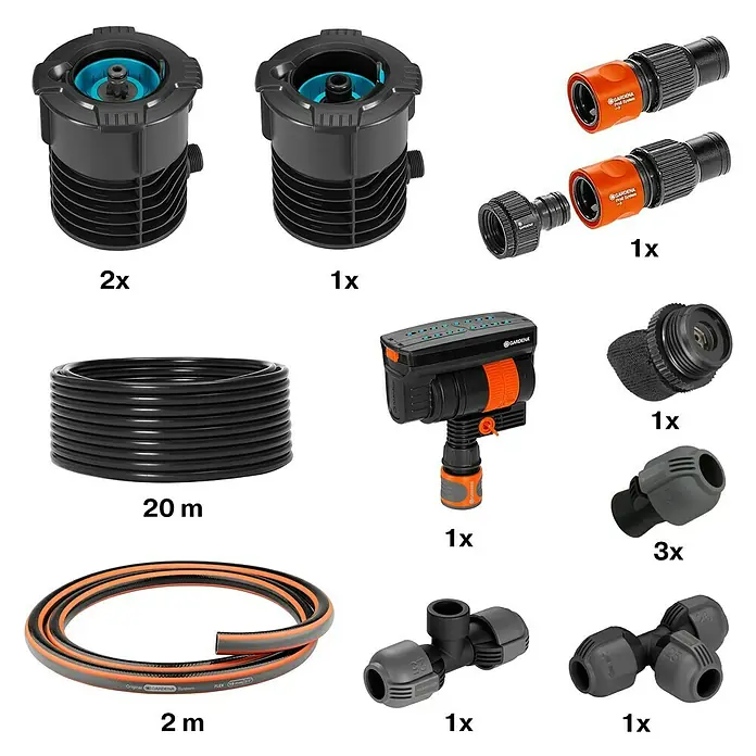 Gardena Sprinklersystem Pipeline-Start-Set Viereckregner Komplett-Set - 13 -tlg. - Das Bild zeigt ein Set von Gardena-Bewässerungsprodukten, inklusive Sprinkler, Verbinder und Schläuche in verschiedenen Größen für die Gartenbewässerung.