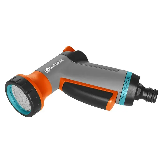 Gardena Hahnverbinder - M 22 x 1 - Nahaufnahme einer Gardena-Gartenbrause, ideal für die Bewässerung. Die Brause verfügt über verschiedene Strahlarten für unterschiedliche Pflanzen.